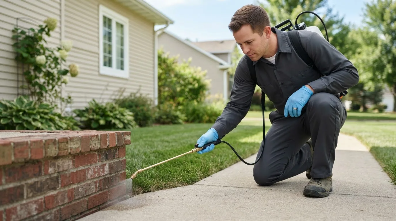 Pest control technician treating a home near Sutton, ND
