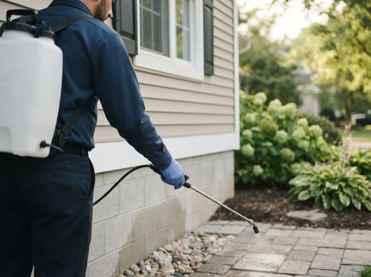 Pest control technician inspecting a home in Sutton, ND